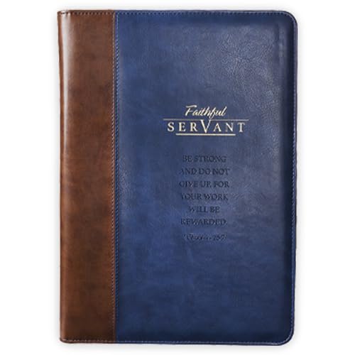 Christian Art Gifts Faithful Servant 2 Chronicles 15:7 Zippered Brown Faux Leather Padfolio/Portfolio Folder Notepad with Single Pen with Highlighter Tip for Notes