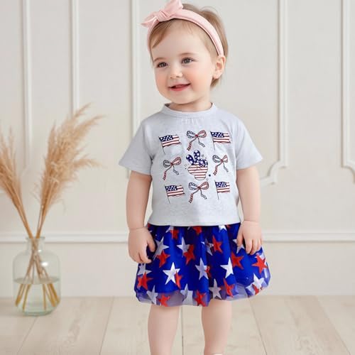 Image of Kayotuas Toddler Baby Girl 4th of July Outfit American Flag Shirt Red Blue Stars Tulle Tutu Skirts Kids Fourth of July Dress