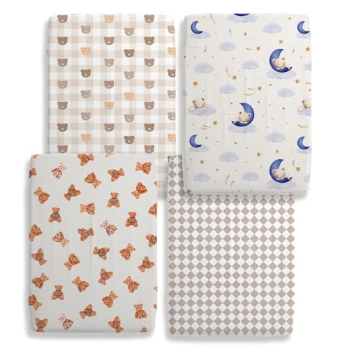 Image of 4 Pack Teddy Bear Crib Sheet Set for Boys or Girls, Neutral Soft Breathable Fitted Checkered Crib Sheet, Bear Nursery Decor for Standard Crib and Toddler Bed Mattresses 28 x 52 in
