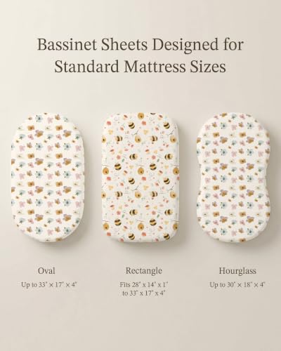 Image of Bassinet Sheets for Baby Girls Boys 2 Pack, Fitted Baby Mattress Sheet for Rectangle, Oval, Hourglass Bassinet Mattress, Breathable Cozy & Universal Fit (Bee Happy, Bassinet Sheet)