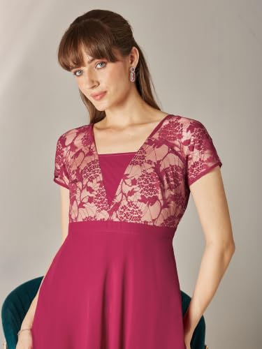 Image of Miss Chase Women's V-Neck Full Sleeve Self Design Lace-Overlaid Georgette Maxi Dress