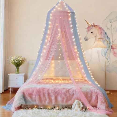 Image of Two-Tone Bed Canopy Mosquito Net, Bed Canopy for Girls Room Decor - Insect Protection Hanging Canopy for Indoor(Pink+Blue,with 250pcs Warm Lights)