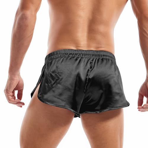 AMY COULEE Mens Sexy Satin Shorts Large Split Side Boxers Silky Pajamas Sleepwear with Pouch Liner