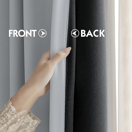 Image of FMFUNCTEX 100% Light Grey Blackout Curtains for Living Room, Curtains 63 Inches Long Weave Textured Thermal Insulated Curtains for Bedroom, Black Out Drapery Grommet Room Darkening 2 Panels