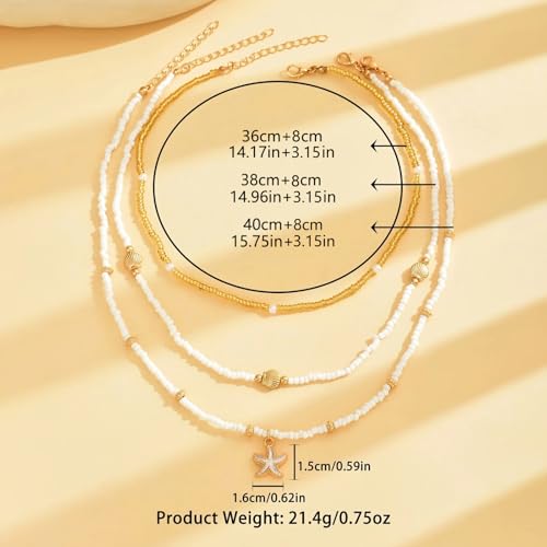 Shell Starfish Necklace for Women, 14k Gold Boho Layered Beaded Charm Pendant Necklace, Dainty Adjustable Pearl Conch Summer Beach Vacation Jewelry Gifts 7