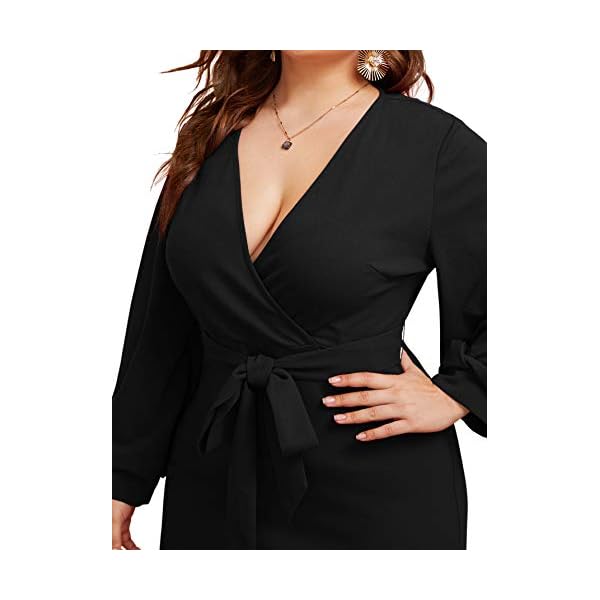 Verdusa-Womens-Plus-Size-Bishop-Sleeve-Plunging-V-Neck-Belted-Bodycon-Dress Verdusa Women's Plus Size V Neck Lantern Sleeve Midi Belted Bodycon Dress Black 2XL