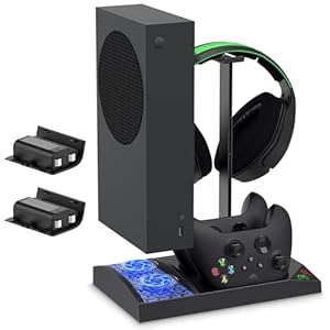 Upgraded Vertical Cooling Fan Stand for Xbox Series S, Cooler Fan System Dual Controller Charging Dock Station with 2 x 1400mAh Rechargeable Battery Pack, Headphone Bracket for Xbox Series S (Black)