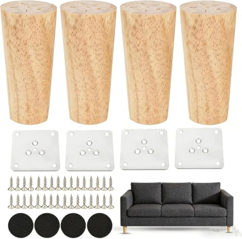 4 Stück 10cm Konische Möbelfüße Holz Gerade Holz Tischbeine mit Montageplatten & Schrauben für Sofa/Bett/Schrank/Stuhl