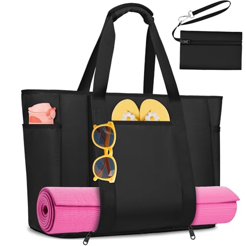 KTUEOV Mala de praia grande XXL familiar, 45 L impermeável mala de praia mulher com fecho de correr 12 bolsos saco da Praia dobrável e lavável para piscina, viagens - compartimento para artigos