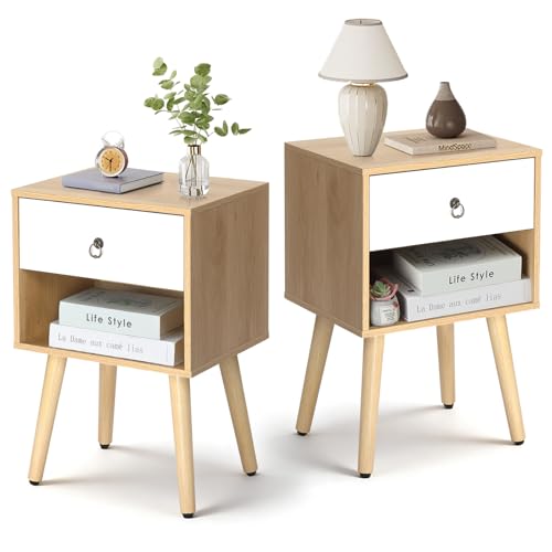 LEADZM Table de Chevet Lot de 2, Tables Basses avec 1 tiroir 1 étagère Ouverte Table d'appoint, Meuble de Nuit, Commode de Nuit, 38 x 30 x 55 cm (2,...