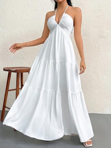 Image of Narecte Women's Maxi Summer Dresses Halter V Neck Beach Dresses for Women A-Line Casual Dress for Vacation