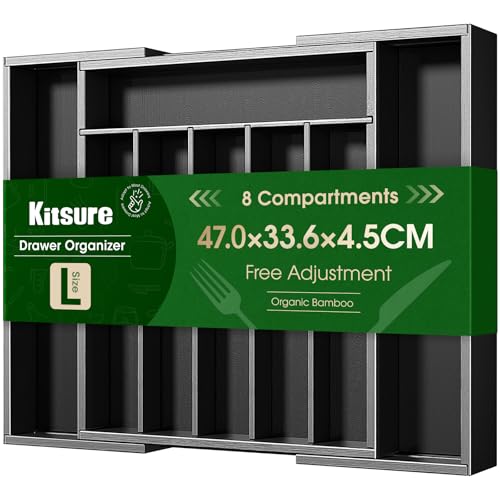 Kitsure Silverware Organizer, Bamboo Kitchen Drawer Tray, Black, Large