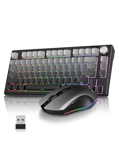 RedThunder K75 Gaming Tastatur und Maus Set Kabellos, 75% US Layout, Seitliche TKL Membrantastatur, 2,4G/USB/BT-Modus, Dual-Betriebssystem, Dreimodus-Maus, 4800 DPI, 4000 mAh (Gradient Grey)