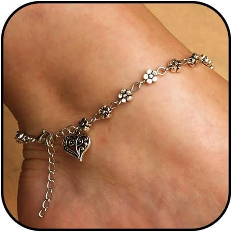 Boho Flower Ankle Bracelets Silver Heart Hanging Anklets Beach Foot Bracelet Jewelry for Women(1PCS)