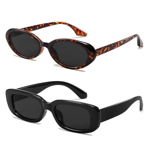 Two pairs of retro classic oval small and rectangle sunglasses for women