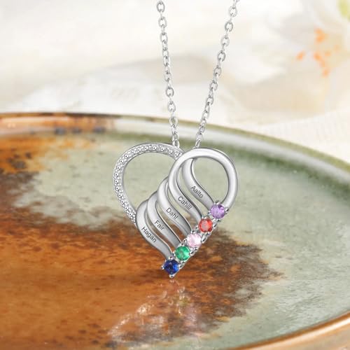 10K 14K 18K Gold Personalized Mothers heart Necklace with 2-6 Birthstones Custom Engraved Names Mom Pendant Christmas Gift for Her Wife3