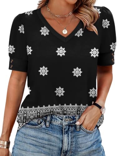 Image of OFEEFAN Womens Tops Short Sleeve Shirts Buttons V Neck Spring Fashion Summer Outfits Plus Size Blouses Dressy Casual