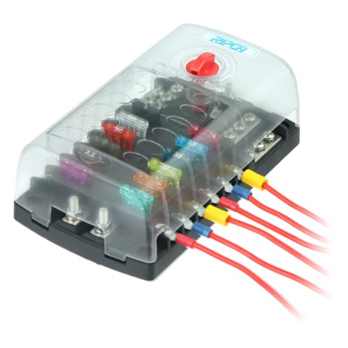 KFZ Sicherungshalter 12-fach für Flachstecksicherungen, Sicherungskasten Auto mit Masseanschluss, 12V 24V 32V Sicherungsblock, 30A je Anschluss, 200A Gesamtstrom, transparenter Deckel