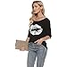 MAGICMK Women Casual Plus Size Lips Print Off Shoulder T-Shirt (2XL, Black +White)