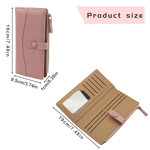 Women Wallet, Bifold Leather Clutch Wallet with Snap Zipper, Long Large Capacity Credit Card Wallet for Women (Pink)2