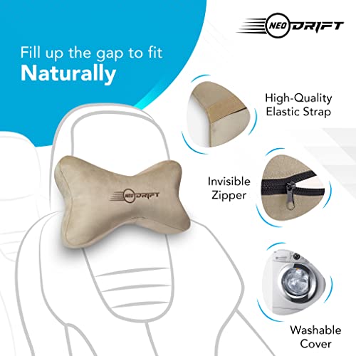 Image of Neodrift 'Neckbone' - Memory Foam Orthopedic Neck Support Car Headrest Velvet Cushion Pillow for Neck, Head, Shoulder Pain-Relief for Car Seat, Gaming Chair, Office Chair (Set of 2) Colour- Beige