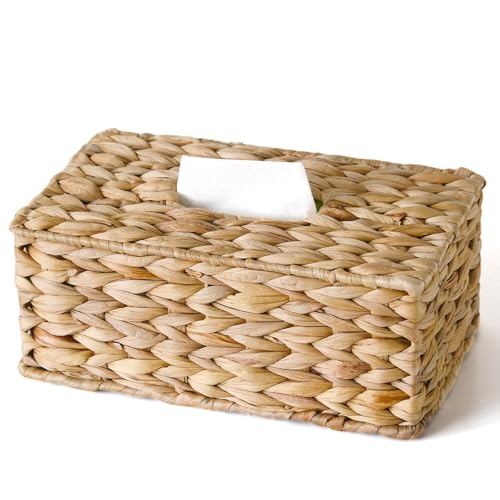 Rectangle Wicker Tissue Box Cover Fits 120-Count (3-Ply) / 160-Count (2-Ply) Boxes, Natural Rattan Woven Facial Tissue Holder, Decorative Tissue Box Holder for Bathroom, Living Room, Office & Desk
