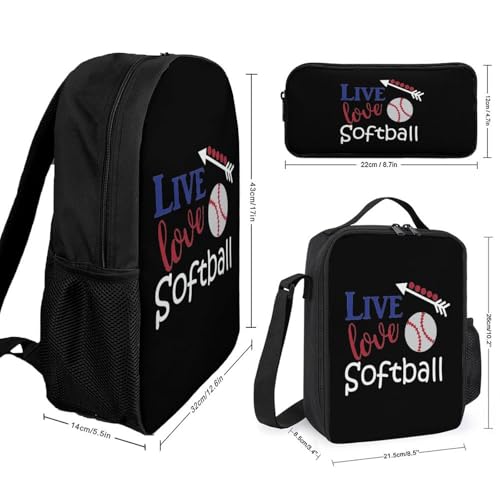 Live Love Softballs Classic Backpack Lunch Bag Pencil Case 3 Piece Set Travel Daypack2