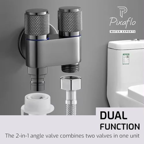 Image of Pixaflo Compact Brass 2 Way Angle Cock | 2-in-1 Angle Valve with Wall Flange | For Bathroom, Toilet, Wash Basin | Black Finish