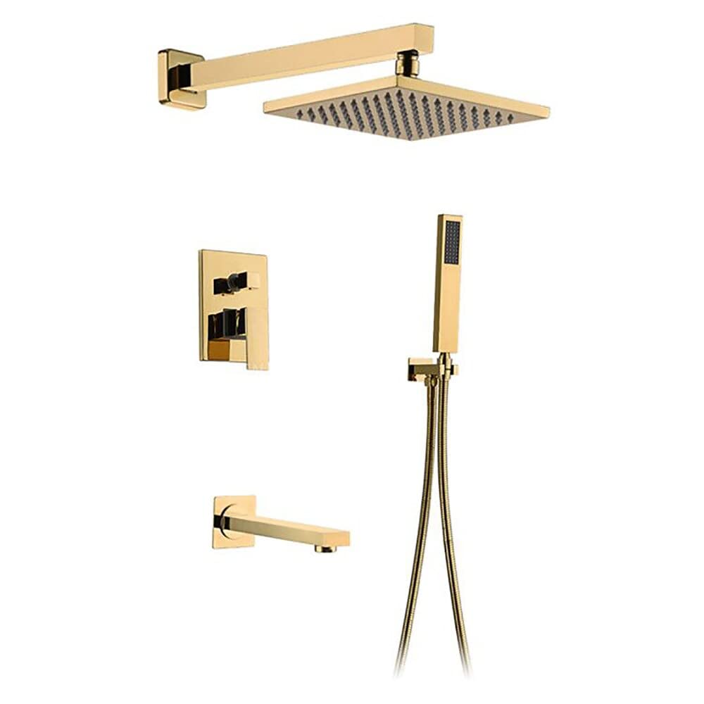 NGDFGR Gold Shower Faucet Set, With Waterfall Tub Spout, Solid Brass Handshower, And Rotary Nozzle Wall Mounted Installation Rainfall Shower Set With Hand Shower And Shower Hose,size_name-10inch