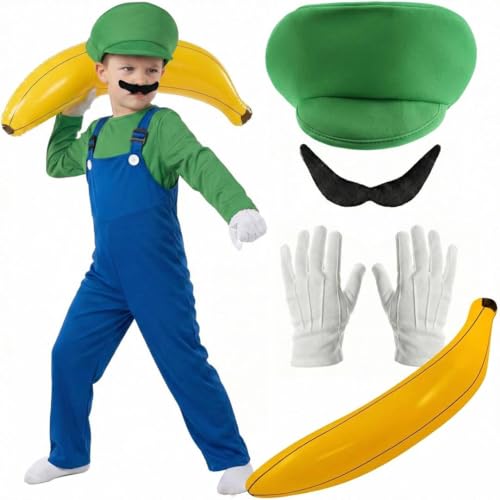 Disfraz infantil de fontanero con sombrero verde, peto, guantes, plátano inflable, divertido disfraz de personaje para fiestas y eventos