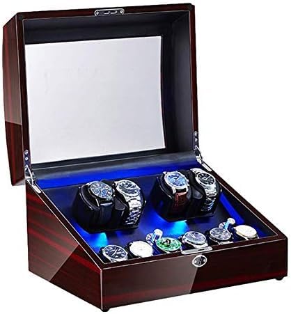 FENOKD Mechanical Watch Shaker Automatic Watch Winder for 4 Watches + 6 Storage Soft Watch Pillow LED Illumination Super Quiet Motor AC Adapter and Battery