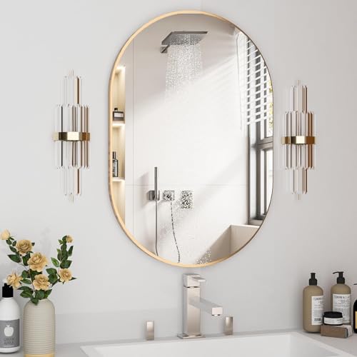 Image of Asymmetric Oval Wall Mirror with Durable Wooden Frame - 24 inchx16 inch (Golden) | Modern Decorative Wall Hanging Mirror for Bathroom, Basin, Living Room, Hostel Room & Dressing Table.