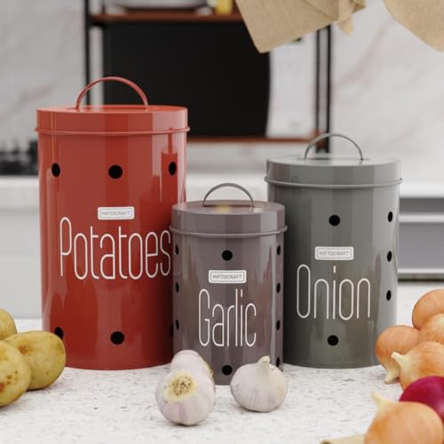 Image of Galvanized Metal Vegetable Storage Container Set - Potato, Onion & Garlic Bins with Lid | Rust-Resistant, Ventilated Kitchen Pantry Organizer | Set of 3 (Multicolor)