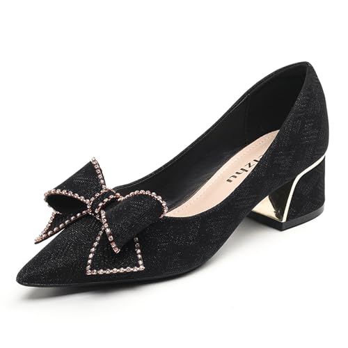 KCTRFSJ Women's Rhinestones Bowknot Chunky Heel Pumps Shoes,Fashion Closed Pointed Toe Low Block Heels,Comfortable Non-Slip Slip-on Dress Wedding Shoes