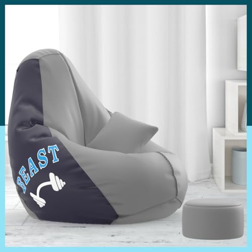 Biggie Bean Bag Cover 4XL Bean Bag with Free Cushion Footrest - Official : BeanDelight Combo (Matching Color : Printed, Beast - Light-Grey Black)-image-49