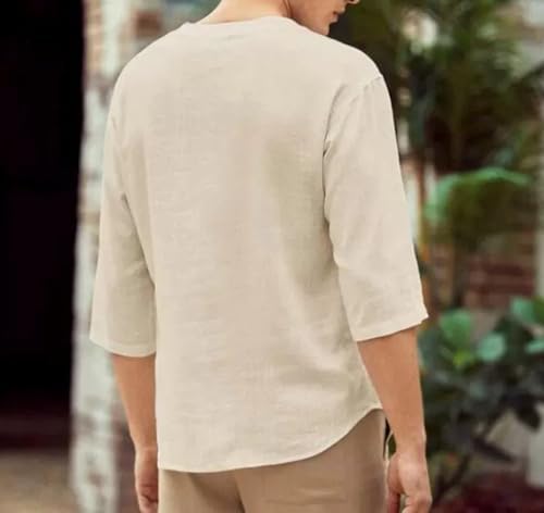 Men's Linen Casual Deep V-Neck Short Sleeve Shirt Button Down Summer Beach Shirts