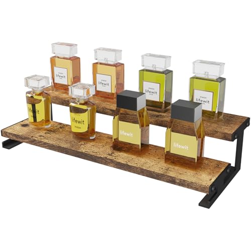 Lifewit Espositore in Legno a 2 Livelli con Supporti in Metallo, 35,3 cm Scaffale per Colonia a Gradini, Organizer Profumi, Porta per Figura, Cura della Pelle, da Tavolo, Mobile, Marrone Rustico