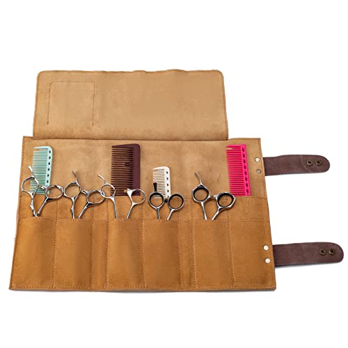 Image of Hair Stylist Scissor Holder Pouch Cases for Hairdressers, Real Leather Scissor Roll Up Bag, Salon Tools Organizer for Barber Hairdresser (V-001-Beige)