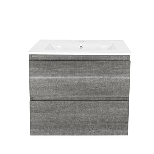Kswin 24" Wall Mounted Bathroom Vanity With Sink Grey Floating Vanity Two Drawers Bathroom Cabinet With White Ceramic Integrated Sink #TOP5