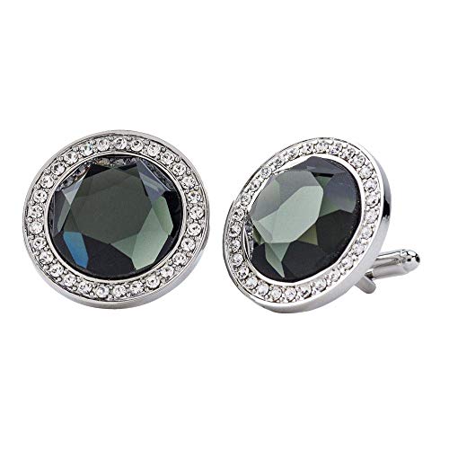 Vittorio Vico Round Button Colored Crystal Diamond Set Cufflinks by Classy Cufflinks (Charcoal, Silver-Plated-Stainless-Steel)