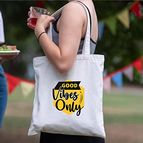 Image of Good Vibes Quotes Medium Canvas Tote Bag for Women with Zip, Stylish Polyster Cotton Handbags College Grocery Handbags L X H 38 X 43 Cms