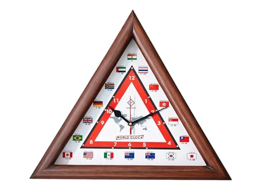 Image of LINE Wood - Antique Wooden Wall Clock - Triangular Shape Multi-Country World Clock with Time Zones Vintage Style for Home, Office, Bedroom, Hall, Living Room, Farmhouse Decor (16 INCH)