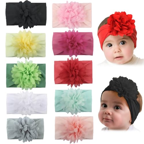 Image of SYGA Pack of 10 Baby Headbands Nylon Flower Soft Stretchable Hairband for Newborn Infant Toddler Kids For 0-3 Year (Multicolor)