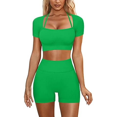 Women Workout Sets Ribbed Short Sleeve Sexy Square Collar Crop Top High Waist Biker Shorts Outfits Tracksuit, Green, Large Cover