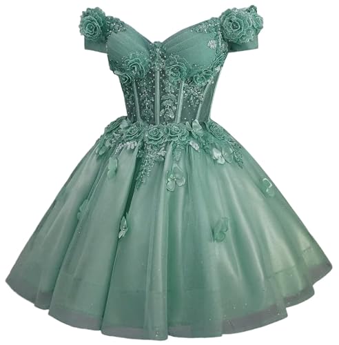 Image of Zhangyo Sparkly Tulle Homecoming Dresses for Teens Off Shoulder DAMA Dress | Sparkly Tulle Homecoming Dresses, for Teens, Off Shoulder DAMA Dresses for Quinceanera, 3D Butterfly Short Ball Gown