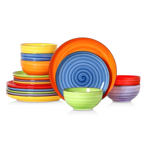 Image of Selamica Ceramic Plates and Bowls Sets,18 Pieces Dinnerware Sets for 6,Dishwasher & Microwave Safe dish set,Family & Holiday Dining, Dopamine