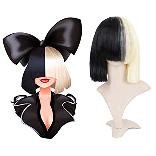 Creamily Half Blonde Half Black Bob Wig with Bangs Short Straight 2 Tone Bob Wig for Women Shoulder Length Synthetic Cosplay Wig for Party Halloween Girls Costume Wigs