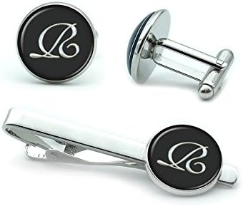 Mens' Personalized Initial Set of Cufflinks and Tie Clip Silver Suit Letter Cuff Link with Giftbox A-Z