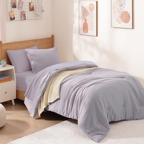 Image of Twin XL Comforter Set- 5 Pieces Prewashed Bed in a Bag Twin Bedding Sets | Soft All Season Comforter with Sheets, Pillow Sham & Pillowcase, Lilac