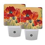 Naanle Set of 2 Red Poppy Flower Floral On Orange Background Auto Sensor LED Dusk to Dawn Night Ligh